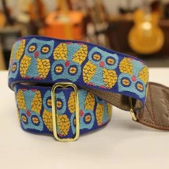 Empire Guitars Accessories Souldier Guitar Strap Owls Blue/Gold W/ Brown Leather Ends *Free Shipping In The USA